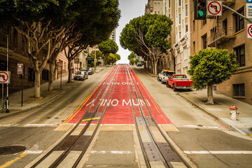 Cable car route on the empty road in San Francisco
