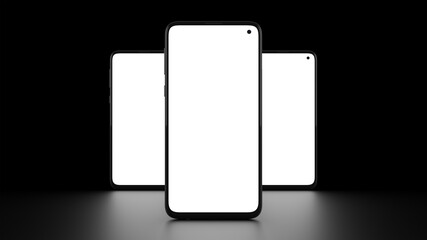 Mockup of three cell phones with front view and black background. Reflection of the screens on the floor. Ideal for placing examples of web design or applications. Three-dimensional illustration.