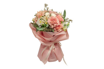 Bouquet of  soft pink flowers in pink wrapping paper.