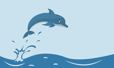 Cute cartoon Dolphin jumps out of the water against the background of the waves and the sky. Color vector illustration.