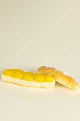 (Carmelitas de Jerez) Typical Andalusian dessert of dough bread and cream special for Christmas and Easter. Traditional home cooking concept. Vertical photo and selective focus