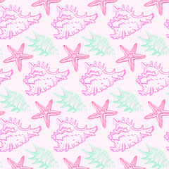 Seamless summer pattern of pink seashells and blue starfish and sea on a light background 