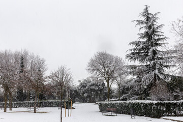 Winter landscape urban park in full snowfall. Urban lifestyle concept. Horizontal photography and selective focus