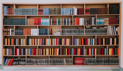 Library or shop with bookcases. Bookshelves in the library or large bookcase with lots of books.