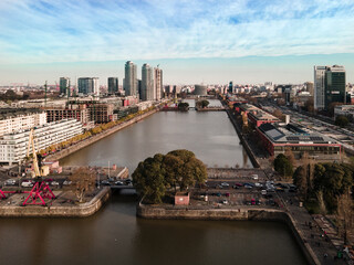 Aerial landscape in the city of Buenos Aires between lakes and buildings | Puerto Madero