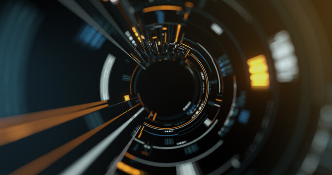 Digital information search, circular abstract tech hub, network and data servers.