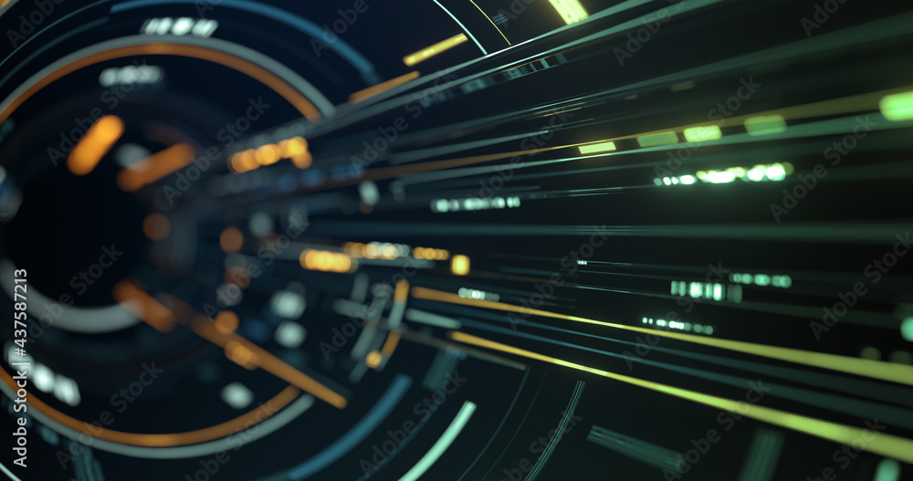 Poster vibrant gold and red streaming internet data tunnel. big data visualization. science, technology bac