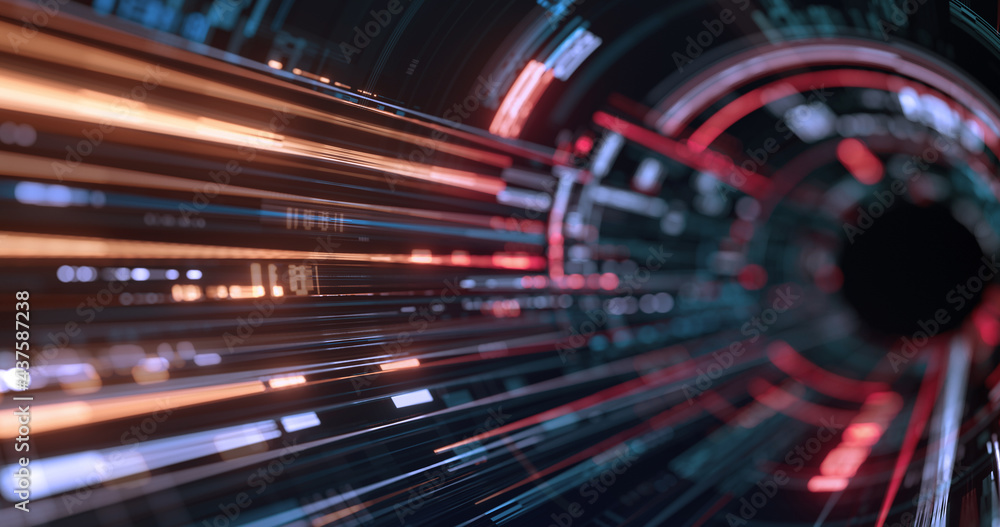 Poster flowing computer, network, blockchain, security, technology background. vibrant red stream internet 