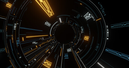 Virtual data transmission in a circular design, futuristic technology CPU processor on database circuit board. 