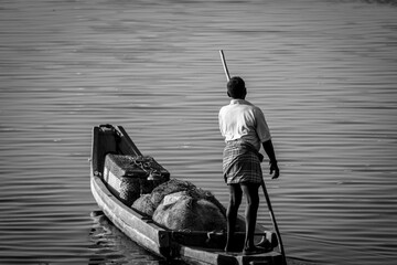 Fishing boats floating on the sea. Fishermans in boat with fishing nets. fishing boat sailing in...