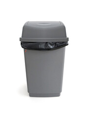 ront view of trash can with bag isolated on white background. Close up of gray plastic trash can. Black plastic bag in gray trashcan bin with lid. Household garbage. Recycling container.