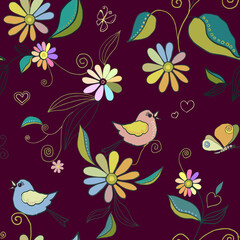 Seamless pattern with birds, butterflies, anemones, wild flowers and rainbow colors. Small flowers in vintage watercolor and line art style. Tropical, exotic floral vector burgundy illustration