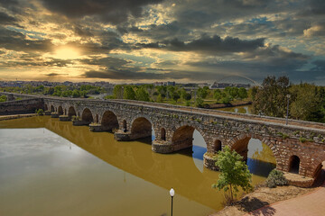 Merida in Spain roman bridge over Guadiana river Badajoz Extremadura