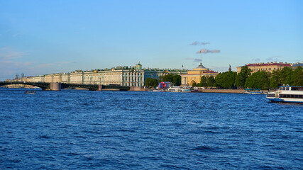 Hermitage Museum, Bridge and Embankment in St. Petersburg in Russia.