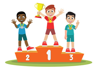 Boy winners. Winning podium with junior athletes.