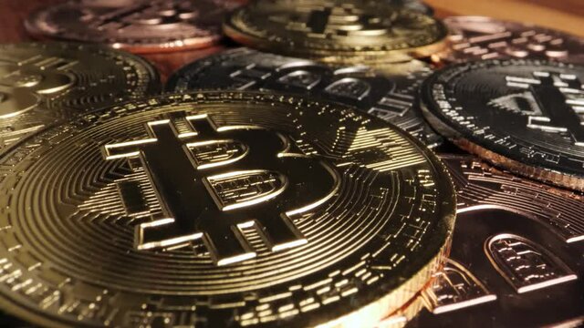Golden Crypto Currency Concept Bitcoin Dolly Macro Close up Silver Bronze Doge