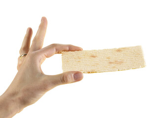 female hand holds crackers, isolated on white background