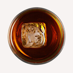 whiskey on the rocks, top view isolated on white background