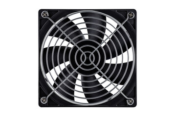 Large computer fan with silver grill, isolated on a white background with a clipping path.