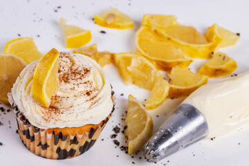 cupcake of cinnamon and lemon cream sponge cake on white background. Horizontal shot