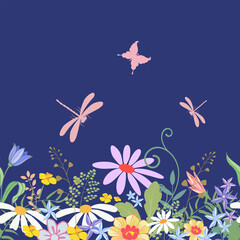 Fototapeta na wymiar Vector illustration of a floral pattern. Wildflowers and dragonflies on a blue background.