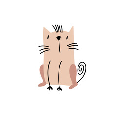 Hand drawn sitting Cute Cat. Vector Scandinavian Design. illustration isolated on a white background. Design element of t-shirt, home textiles, wrapping paper, children textiles