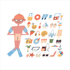 Summer Beach Items Set. Large set of beach accessories and boy swimmer in shorts, goggles and flippers. Flat style, vector 