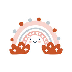 Vector rainbow with face and clouds in cartoon scandinavian style and summer colored dots isolated on white background for kids. Cute spring illustration in hand drawn prints, fabric, children books