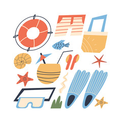 Summer Beach Items Set. Set of men's accessories - shorts, flippers and goggles for going to the beach. Flat style, vector.