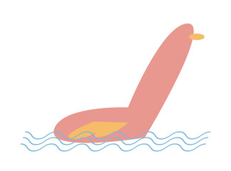 On a white background, a flamingo-shaped inflatable swimming circle sways on the waves of the sea. Flat style, vector.