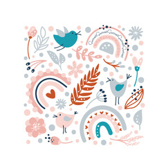 Vector Floral summer square. Spring bouquet composition with hand drawn flowers, rainbows and plants. Scandinavian romantic love illustration in sketch style. Valentine Day card