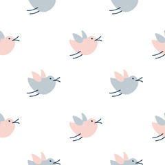 Seamless pattern with cute cartoon birds, doodle style. Hand drawn vector scandinavian illustration. Design for baby textile, wallpaper spring, web, fabric and decor