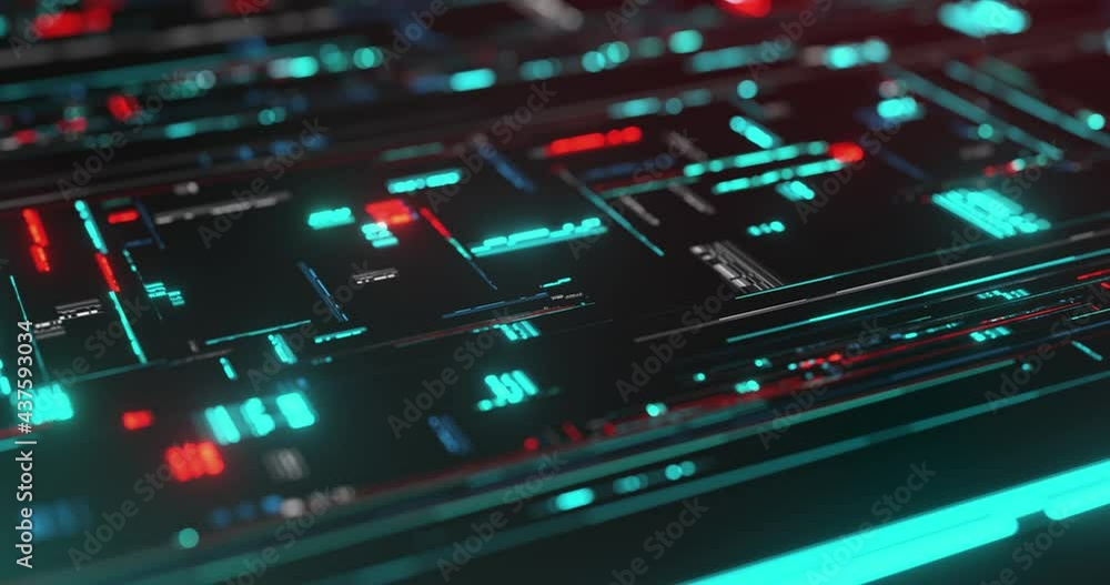 Poster high tech animated background. digital neon lights, square elements and flickering dots on dark back