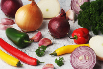 Different spices: onion. garlic, parsley and pepper