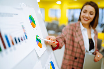 Graph, dynamics, sales statistics, financial chart, trading concept. Business group meeting seminar...