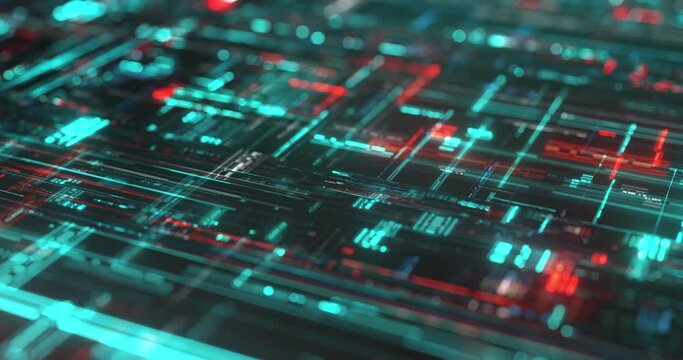 High tech technology geometric shapes and connections, abstract system background with digital data, circuit board. 4K loop, 3D rendering