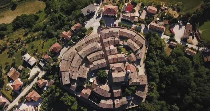 Italy, June 2021- aerial view of the medieval village of Serrungarina in the province of Pesaro and Urbino in the Marche region.