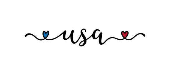  Hand drawn USA word. American patriotic lettering for postcard, invitation, poster, icon, label.
