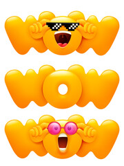 Wow emoji icon set with emoticon yellow character. 3d cartoon style