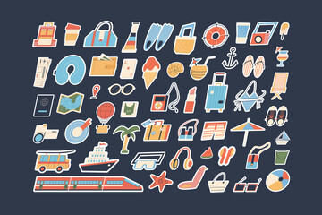 A large set of stickers with a summer vacation theme. Flat vector. 