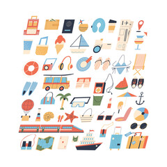 The Big Journey. A set of items for tourism and summer vacations. Flat style, vector