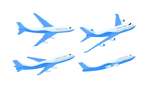 The plane is passenger. Different types. Set. Airplane flight forward in the air. Passenger Transportation. Isolated vector illustrations on white background.