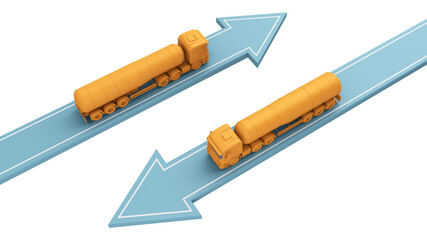 orange Gasoline tanker go in different directions