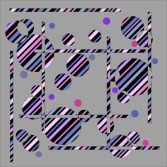 Abstract illustration with pink, purple, blue and black diagonal lines showing through a gray overlay with circles and slices cutout