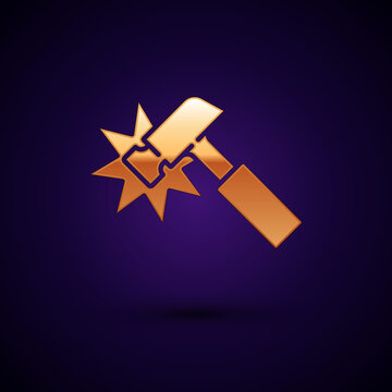 Gold Hammer Icon Isolated On Black Background. Tool For Repair. Vector