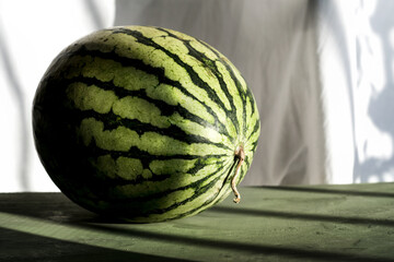 Whole striped watermelon on table during summer
