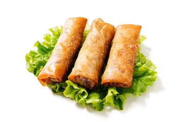 Fresh fried spring rolls stuffed with red cabbage and carrot isolated on white
