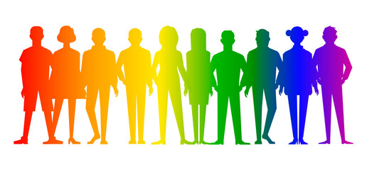 Crowd. Gradient rainbow. LGBT colors. Vector illustration. Meeting, protest. Silhouette of a group of young people. 