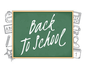 Obraz premium Back to school text on green blackboard with hand drawn icons around it
