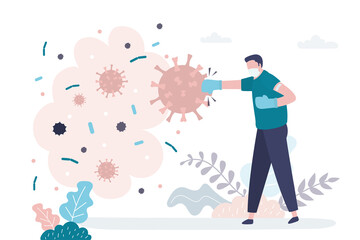 Vaccinated man in gloves and protective mask fights against flu virus. Сoncept of combating coronavirus and medicine. Protection from viruses and disease.